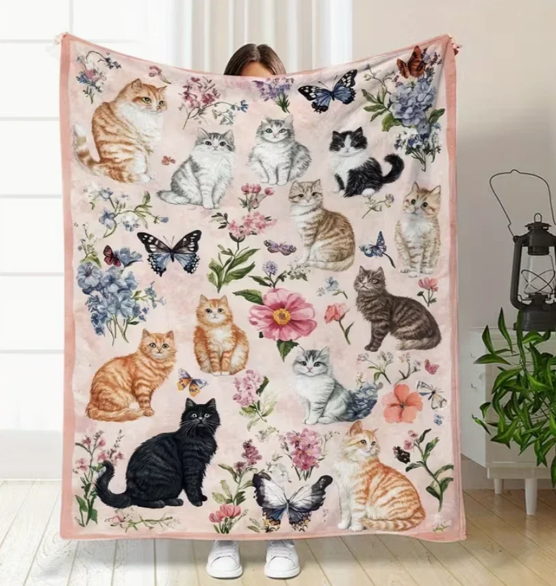 Cozy Soft Throw Blanket Adorable Cats Floral Warm Comfortable For Year Round Couch Sofa Bed Living Room Great Gift Blanket