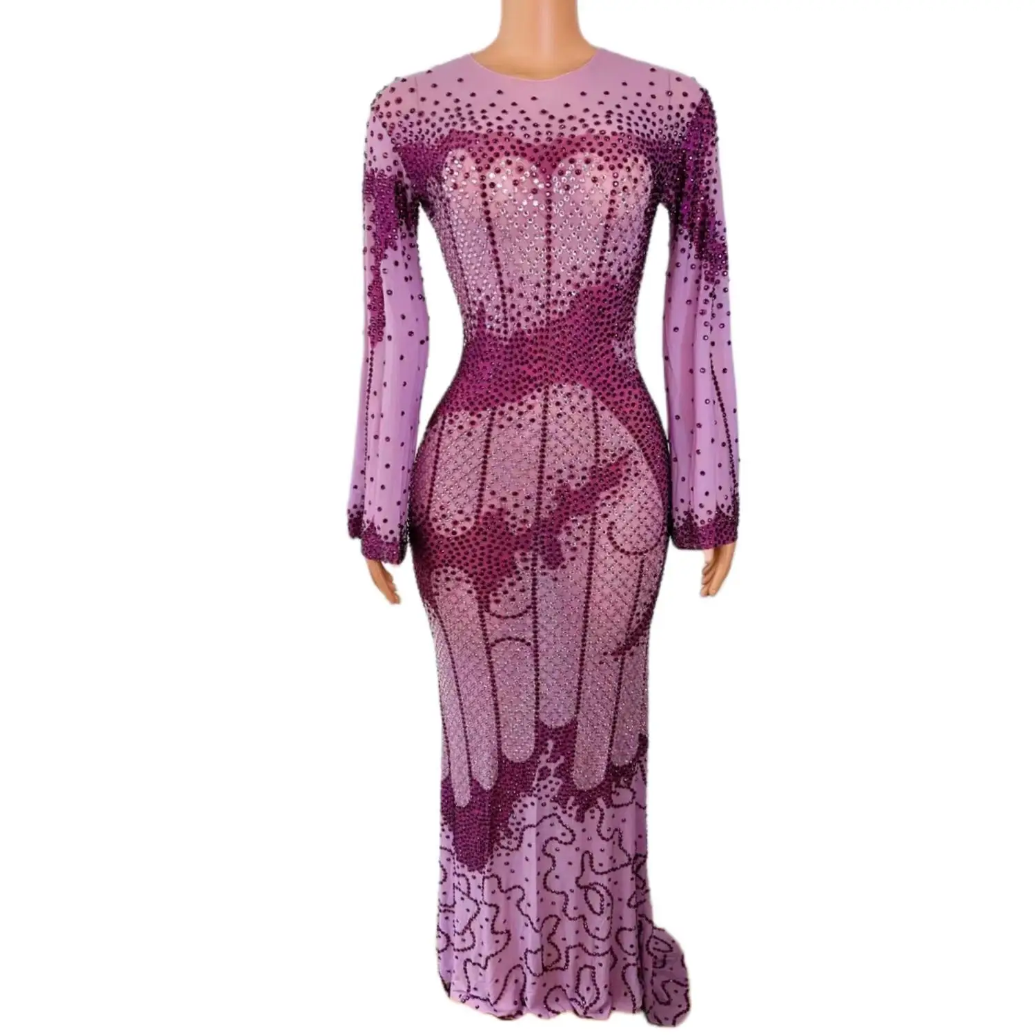 

Zizhu Women Round Neck Long Sleeve Gradient Rhinestone Sheer Mesh Bodycon Mermaid Maxi Dress Evening Cocktail Birthday Gowns