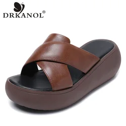 DRKANOL Summer Wedges Slippers Women Chunky Platform Casual Slides Cross Genuine Cow Leather Open Toe Women Sandals Slippers