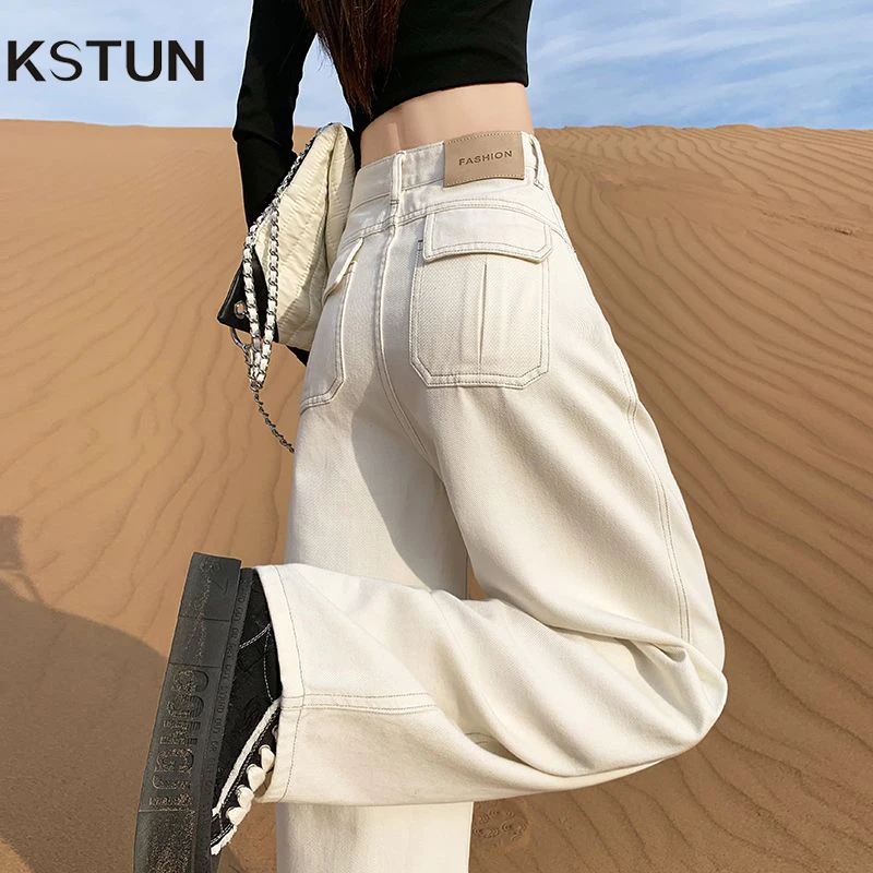 KSTUN 2026 primavera mujer corte estrecho pantalones vaqueros de pierna ancha cintura alta aspecto Casual elegante pantalones vaqueros Beige bolsillos de moda parcheados
