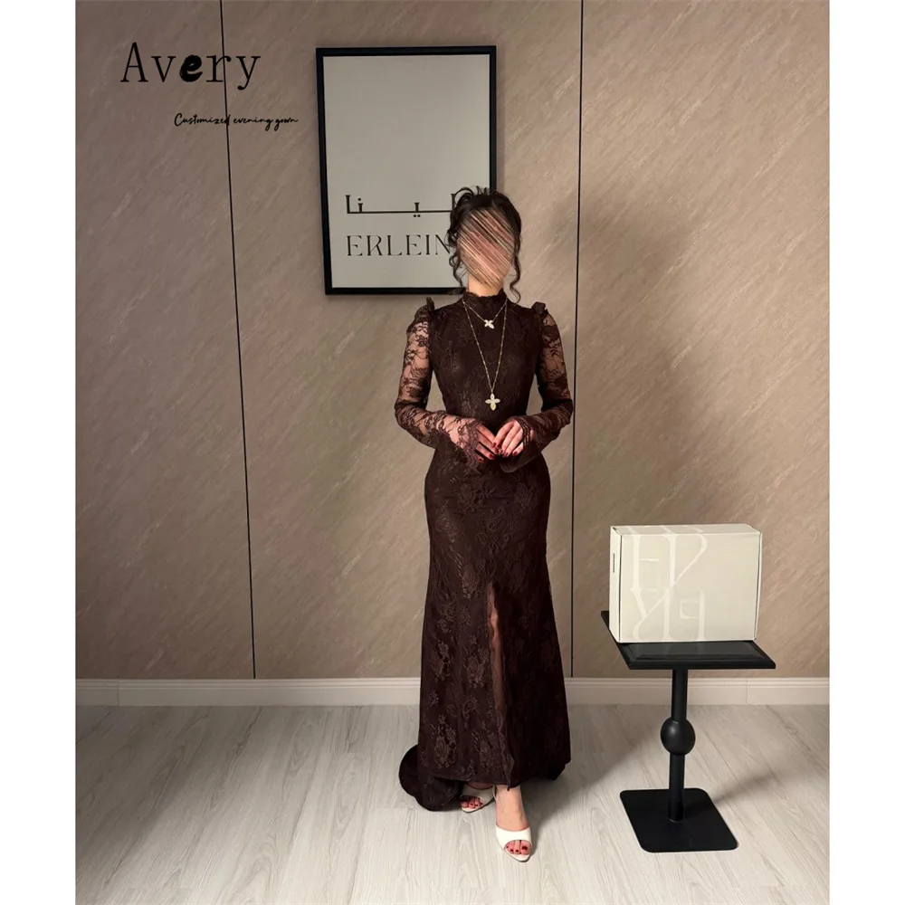 

Avery Custom Brown Lace Embroidery Long Sleeve Elegant Dresses for Women Long Party Dresses Luxury 2026 Formal & Evening Gowns