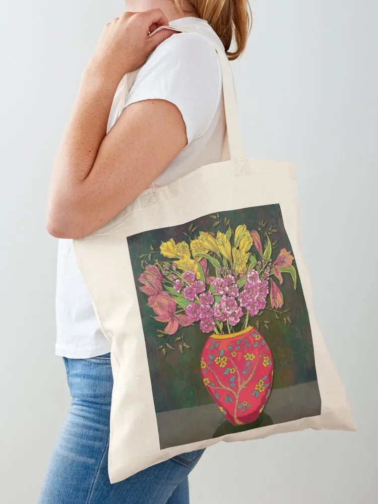 Red Vase with Flowers Tote Bag female bag Women's beach bags tote bag university shopping