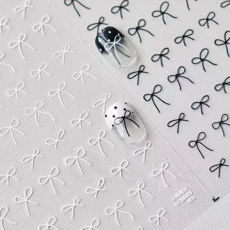 1 pièce Autocollants 3D japonais mini nœuds pour nail art, motifs de dessins animés tendance, ruban noir et blanc, décorations et accessoires DIY pour ongles