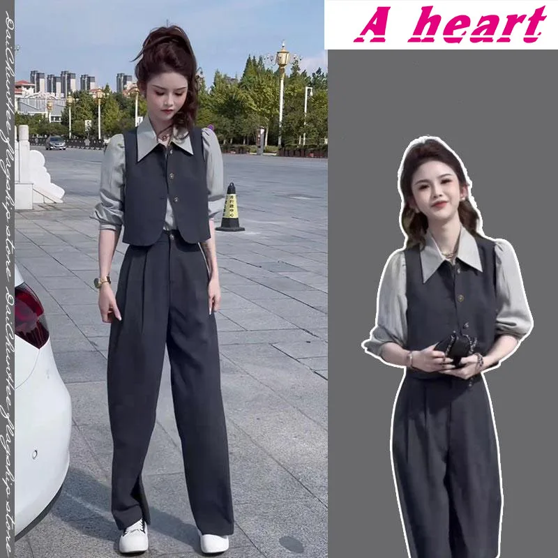 

New Fashionable Commuting Shirt Vest High Waisted Suit Wide Leg Pants Three Piece Set