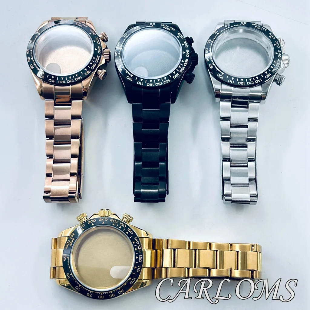 

40mm Silver Gold Black Quartz Watch Case For VK63 VK64 Movement Sapphire Crystal Solid Stainless Steel Ceramic Bezel