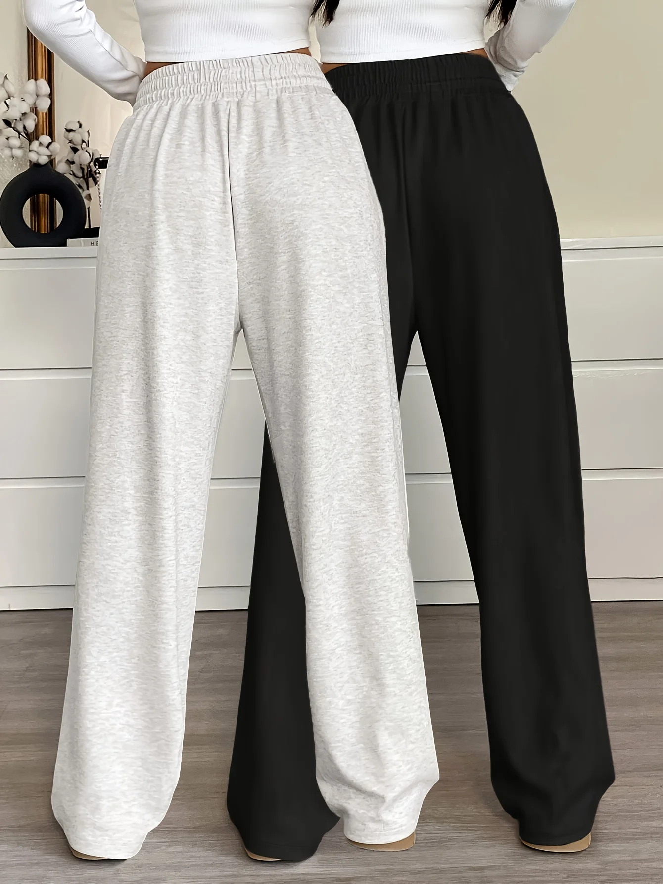 Casual damesbroek met wijde pijpen en elastische taille, verstelbaar trekkoord, losvallende broek voor het hele seizoen