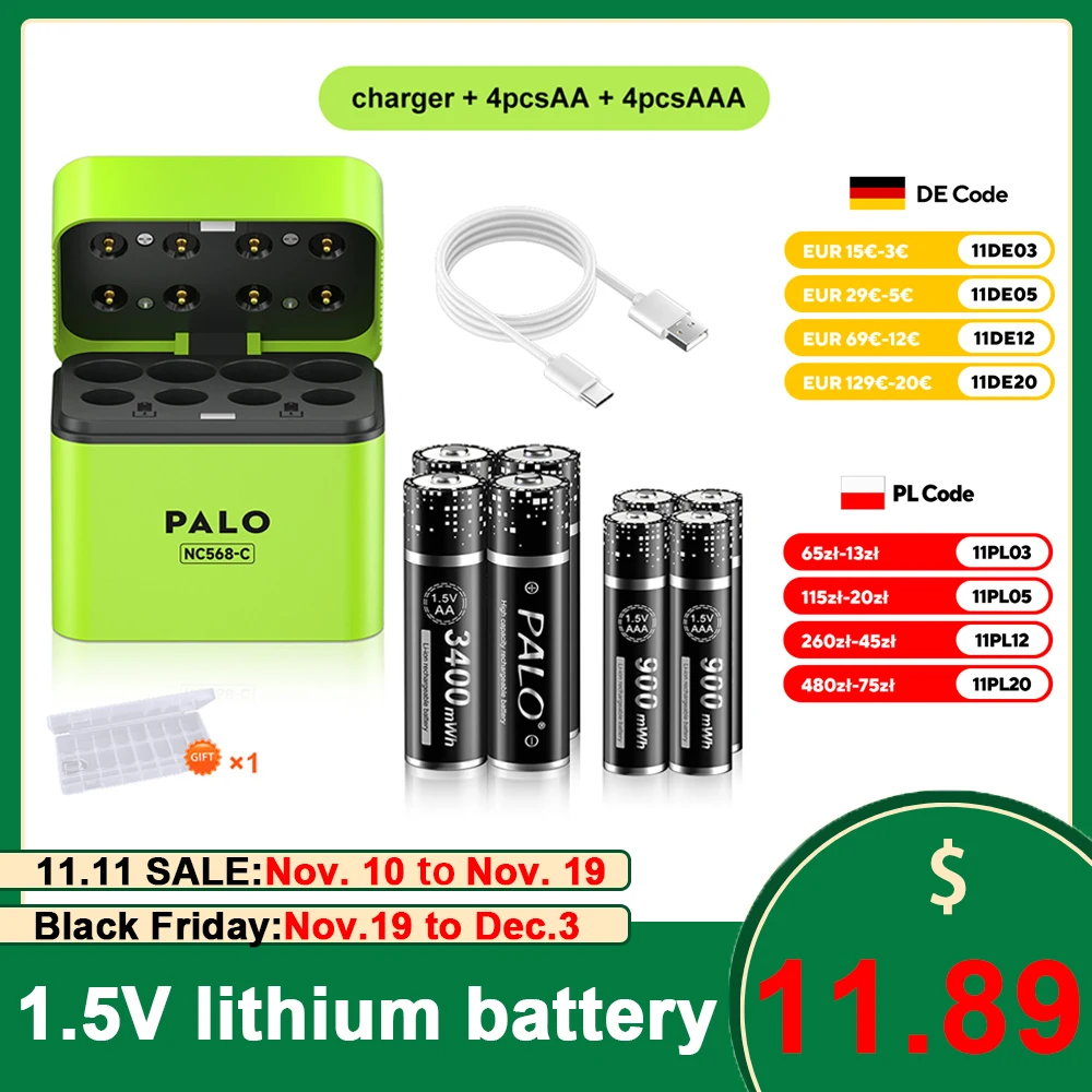 

PALO 3400 мВтч литий-ионные аккумуляторы типа АА и ААА 1,5 В с 8-канальным магнитным зарядным устройством для литиевых батарей 1,5 В, 2 А, 3 А