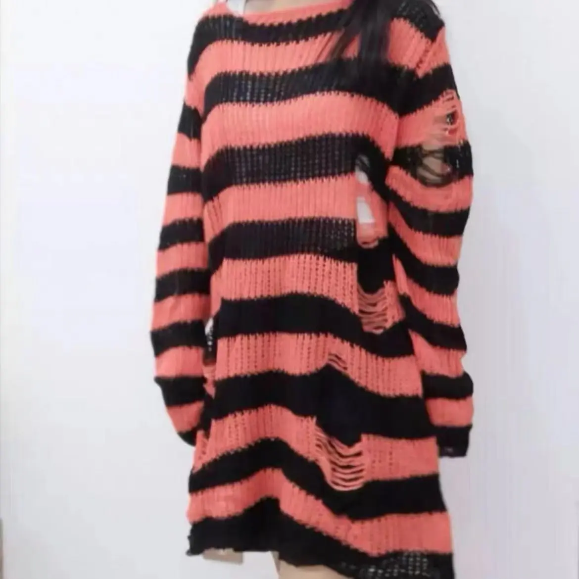 Punk Gothic Long Y2K Unisex Sweater Summer Women Striped Cool Hollow Out Hole Broken Jumper Loose Rock Thin Dark Streetwear Top