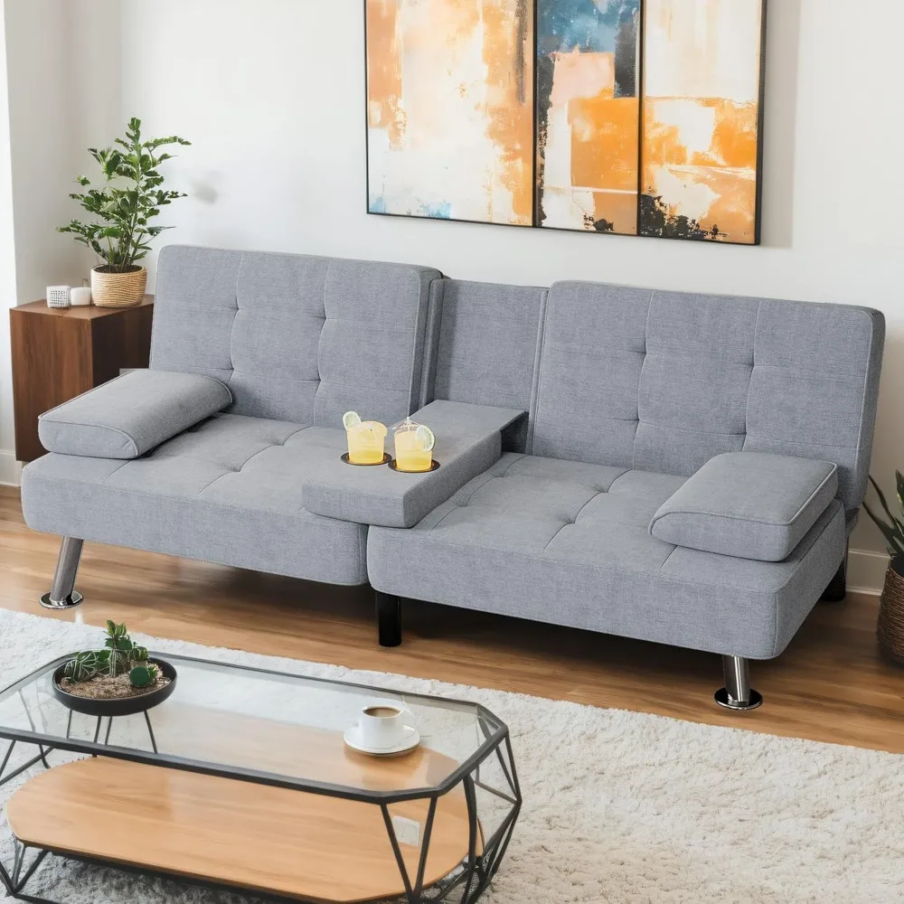 

Modern Folding Sofa Bed With Removable Armrests, Metal Legs, 2 Cup Holders For Living Room,Modern Folding Sofa Bed