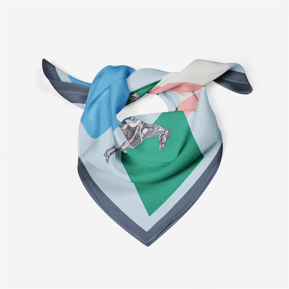 Twill Silk Scarf Woman Geometric Painting Square Scarves Wraps Bandana Small Hijab Silk Foulards Tie Headband Neckerchief 53CM