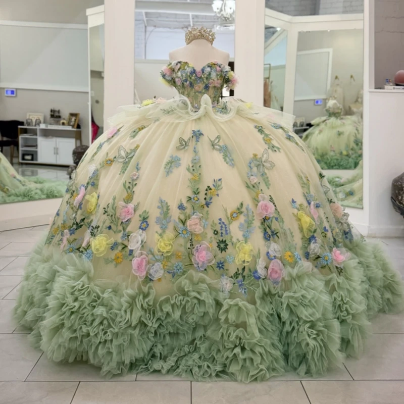 

Sage Green Quinceanera Dresses Ball Gown Off The Shoulder Applique Flower Bow Beads Tiered Tull Party Birthday Sweet 16 Dress