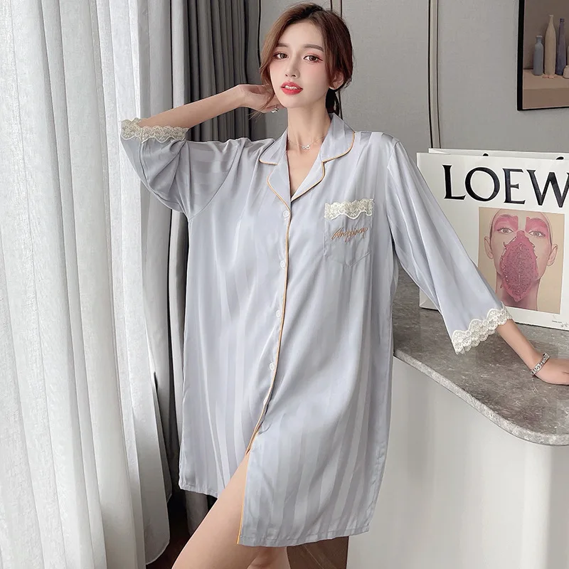 Ice Silk Shirt Style Sleepwear Women's Spring Autumn Sexy Boyfriend Loose Home Clothes Summer Outdoor Wearable Midi Nightgown