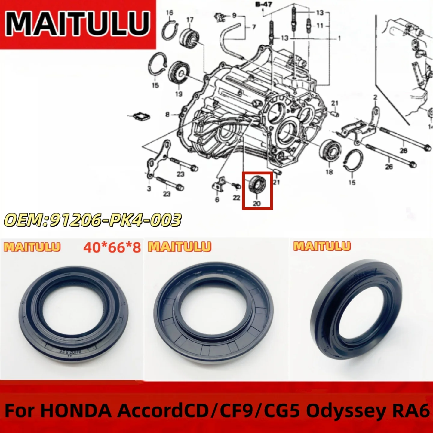 

Сальник правого приводного вала OEM 91206-PK4-003 для HONDA Accord CD/CF9/CG5, Odyssey RA6, размер 40*66*8 мм