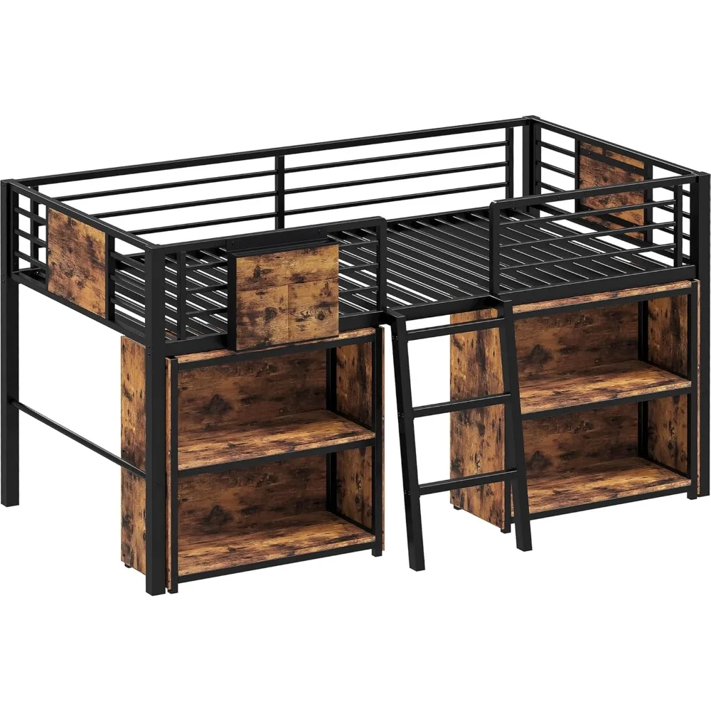 

Low Loft Bed Twin Size, Metal Loft Bed Frame with 2 Storage Cabinets, 25 Heavy Duty Steels Support Slats, Twin Bed Frame