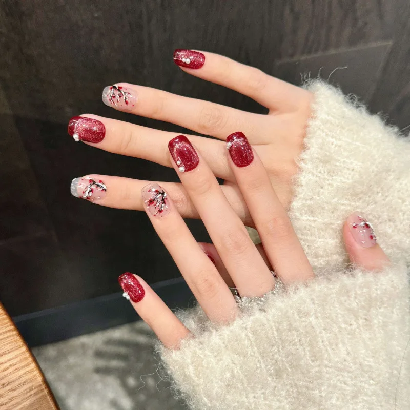 Wholesale Nail Art Crystal Cat Eye Acrylic Press on Nails Short Square Red Handmade Fake Nails Gradient Shiny Pearl False Nails