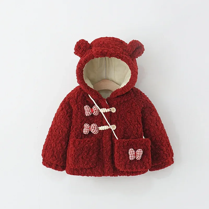 

Children Winter Lamb Fleece Coat Cartoon Bear Ear Hood Bow Button Large Pocket Girls Warm Cute Jacket