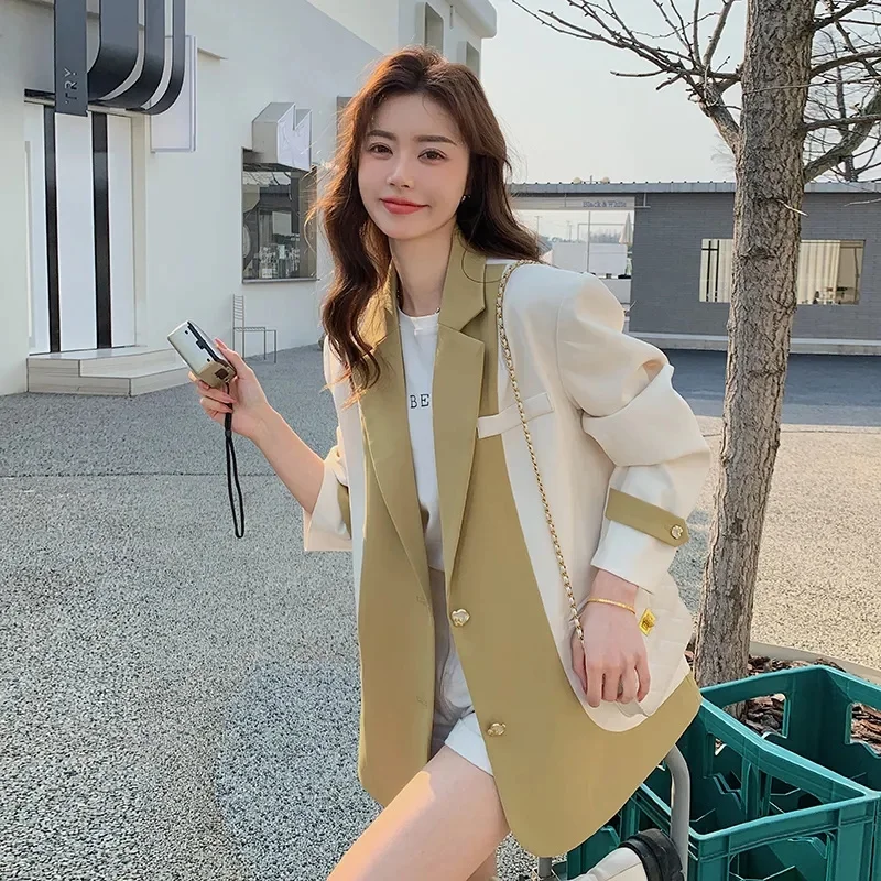 

Contrast Stitching Suit Jacket Women's Spring And Autumn 2025 New Korean Fashion High-Grade Blazer Fake Two Pieces Top ZT284