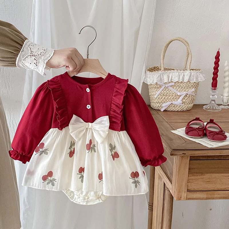 Romper Bayi Perempuan Baru Lahir Natal 0-3 Tahun Romper Bayi Musim Gugur Bodysuit Pita Anak-anak Strawberry Onepiece Pakaian Bayi Modis