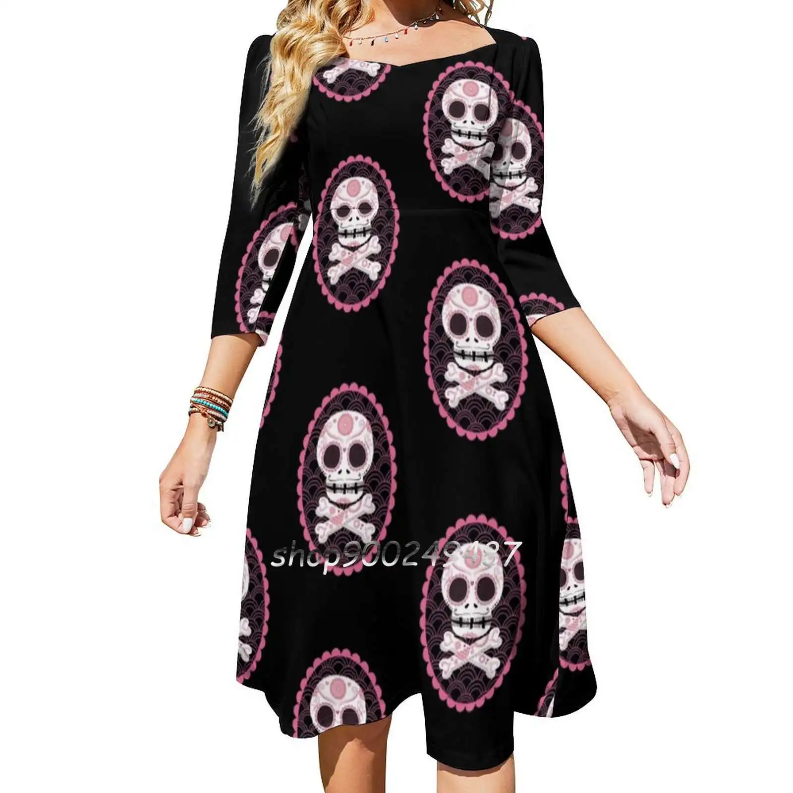 Sugar Skull N Crossbones Emblem Women Casual High Waist Mini Dress Short and Long Sleeve Dresses Fashion Dress Sugar Skull Skull