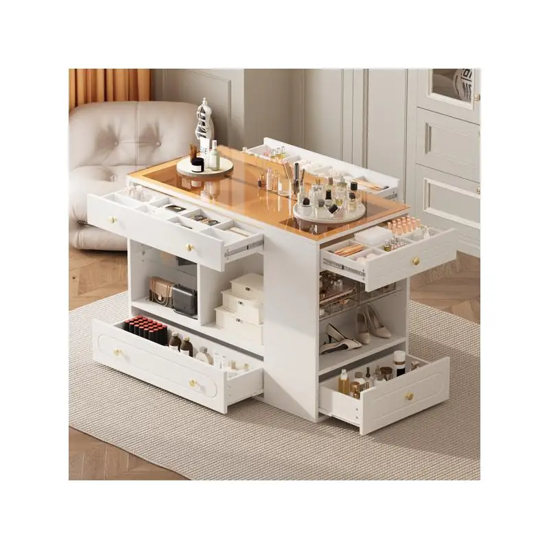 

Остров шкафа с 6 ящиками и стеклянной верхней витриной, открытые полки, туалетный столик для хранения ювелирных изделий, остров для хранения гардероба, белый