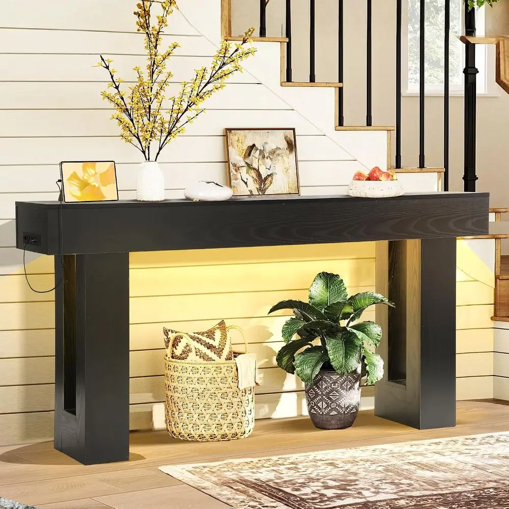 63 Inch Entryway ole Table, Wood Entry Way Table with LED Light, Long ole Table with USB Power Outlet, Narrow Soa Behind Couch T