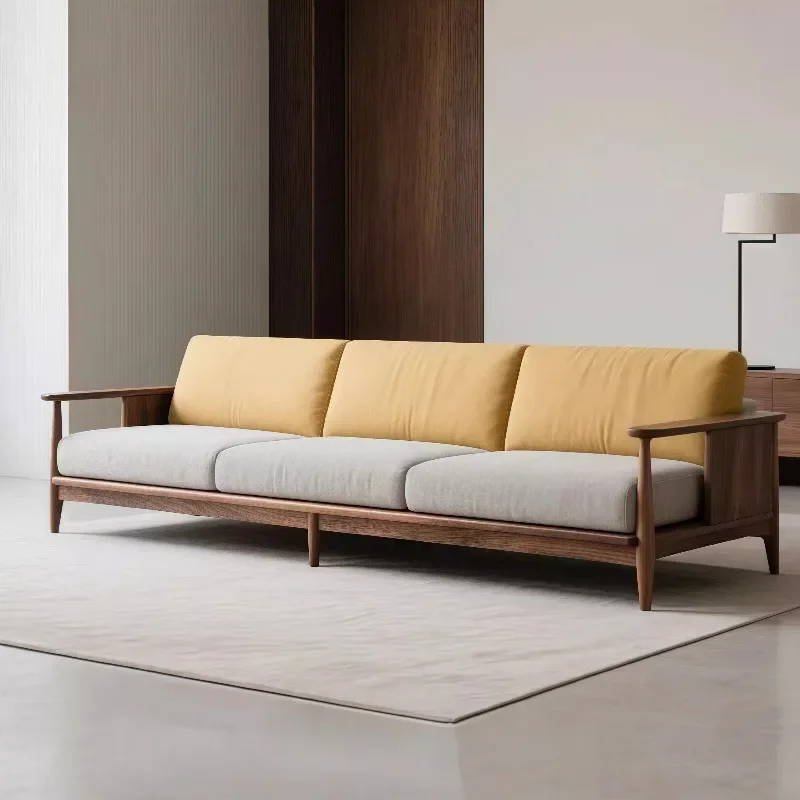 New Chinese solid wood sofa, black walnut fabric straight row sofa, modern simple Song's aesthetic ash wood sofa