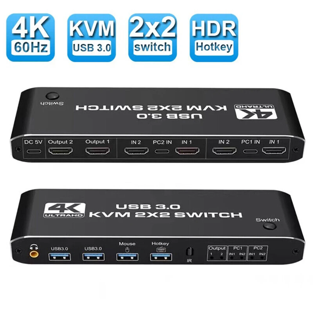 2x2 HDMI KVM Switch 4K 60Hz Dual Monitor KVM HDMI Extended Display USB KVM Switcher 2 in 2 out for 2 Computers Share 2 Monitors