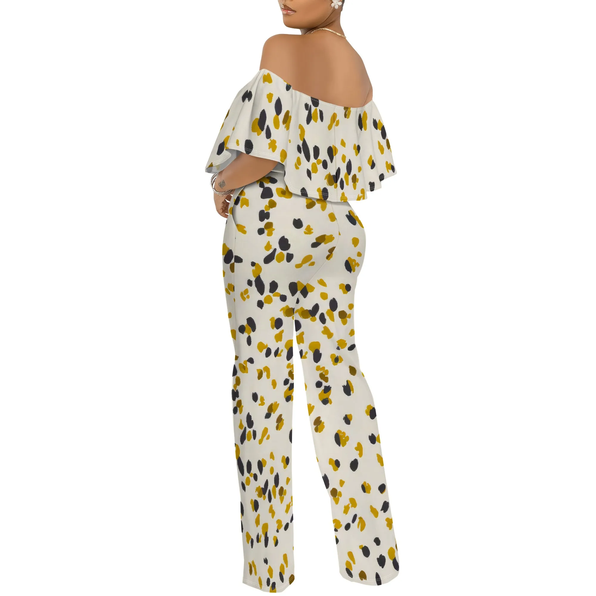 ปิดไหล่ด้านบน Ruffle ดอกไม้พิมพ์ Jumpsuits สําหรับผู้หญิงกางเกงขากว้าง Club Party ชุด Jumpsuit พร้อมกระเป๋า