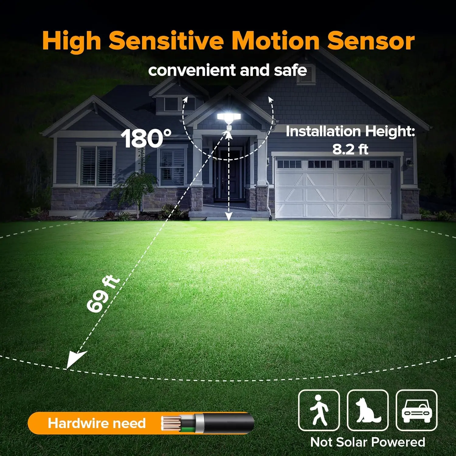Luce di sicurezza a LED da 80 W 9000LM con sensore di movimento, luci di inondazione per esterni a 4 teste IP65 impermeabili per garage