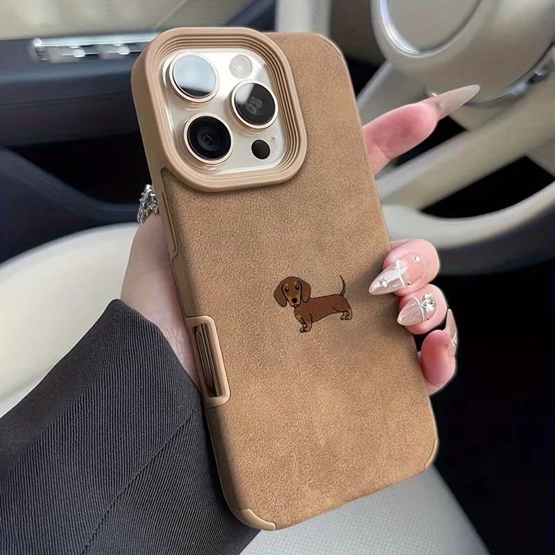 Lustige Welpen-Hunde-Luxus-Executive-Faser-Leder-Handyhülle für iPhone 18 17 16 15 Pro Plus 14 13 12 11 Pro Max Stoßfeste Hülle – Detail 1