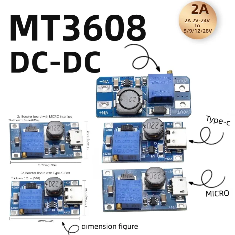 1/510PCS MT3608 Boost Module DC-DC Module Board Max 2A 2V-24V To 5/9/12/28V for Arduino Step Up Converter Booster Power Supply