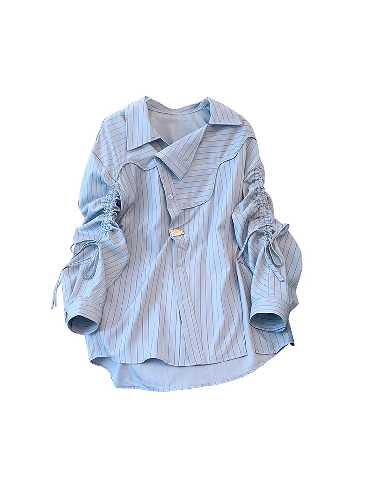 Women's Blue Striped Shirts and Blouses Vintage Y2k 90s Aesthetic 2000s Elegant Long Sleeve Shirt Japanese Fashion Clothes 2025