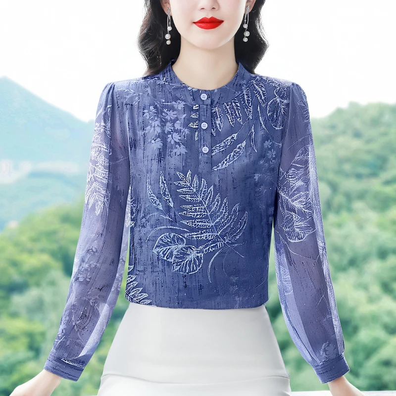

Элегантная модная женская шифоновая рубашка с длинным рукавом и принтом, весна-осень 2026, офисная женская блузка