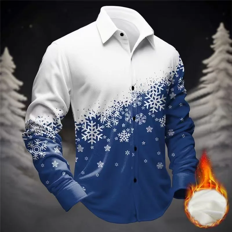Kemeja Pria 2026 Bermotif Kepingan Salju 3D, Atasan Gaya Jalanan Natal Lengan Panjang Kancing