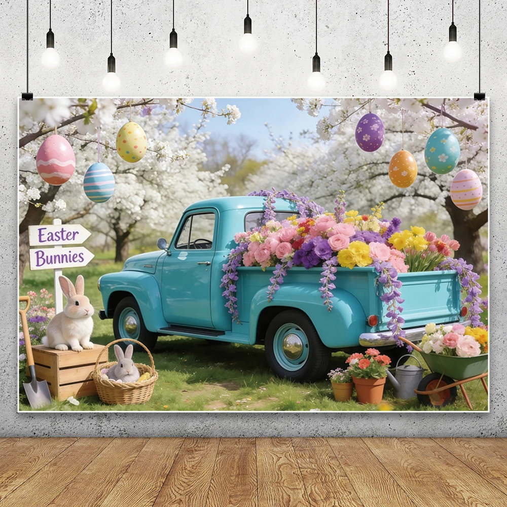 Yeele Spring Easter Photography Backdrop Garden Truck Flowers Eggs Rabbit Decor Baby Shower Kid Family Portrait Photo Background