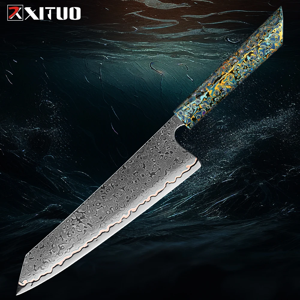 

New 55 Layer Copper Damascus Steel Chef's Knife China Japan Traditional Lacquered Wooden Handle Sharp Slicing Meat Fish Knife