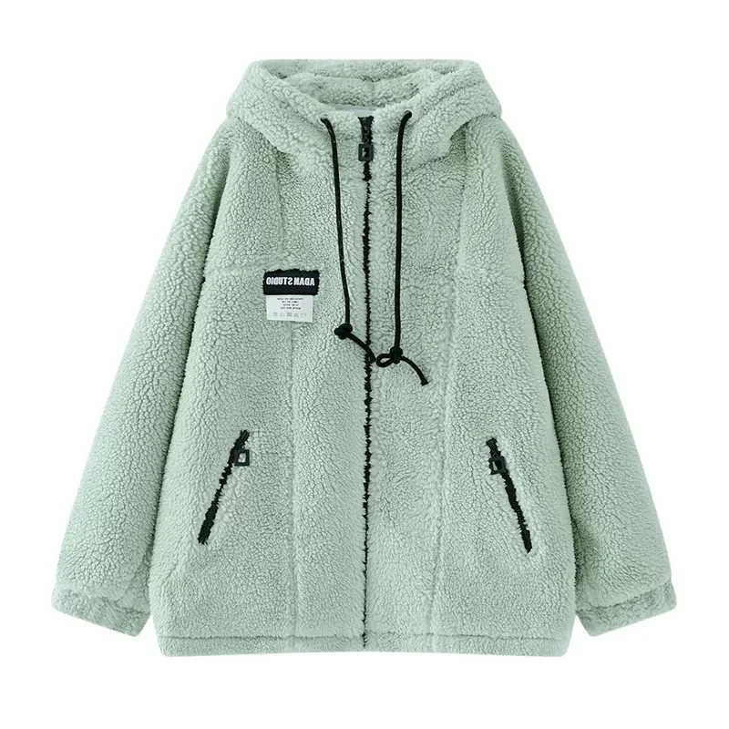 2024 Spring Plus Velvet Thickening Mint Green Lamb Plush Coat Women's Design Sense Niche Hooded Plush Fleece Cotton Coat