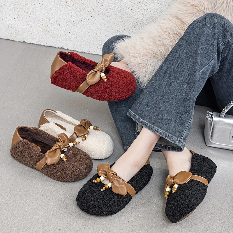 

Fleece Lined Mary Jane Shoes Women's Autumn Winter New Style Red Trendy Slip-On Plush Cotton Shoes with Bow Tie Warmth