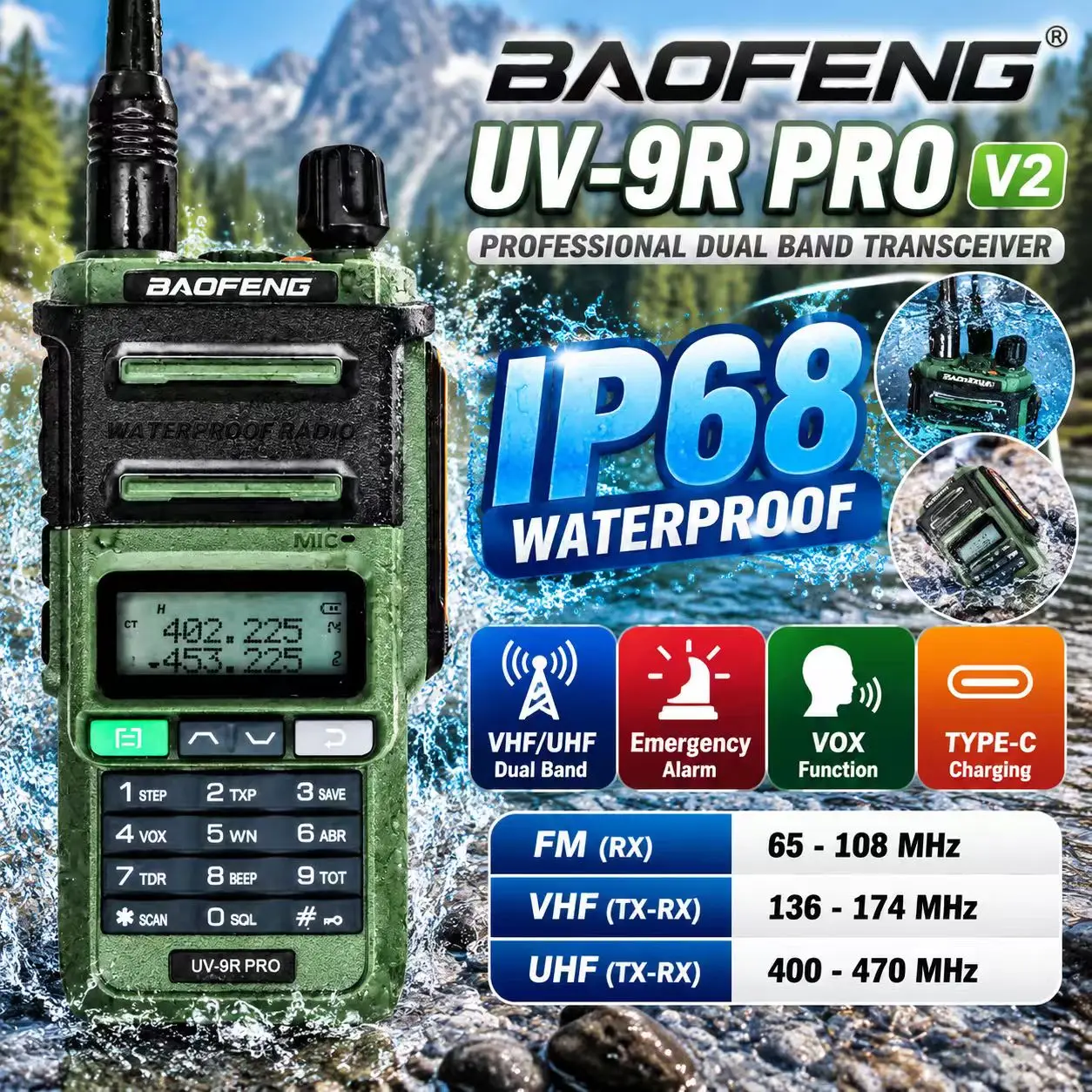 BAOFENG UV-9R PRO V2 IP68 Waterproof Walkie Talkie VHF UHF Two Way Radio VOX Type-C Charging Outdoor Rescue