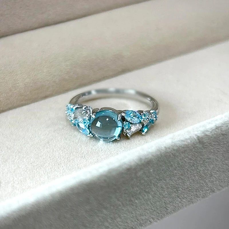Fresh sea blue crystal rings for women palace style Ice transparent glass texture high-end ring adjustable party jewelry gift