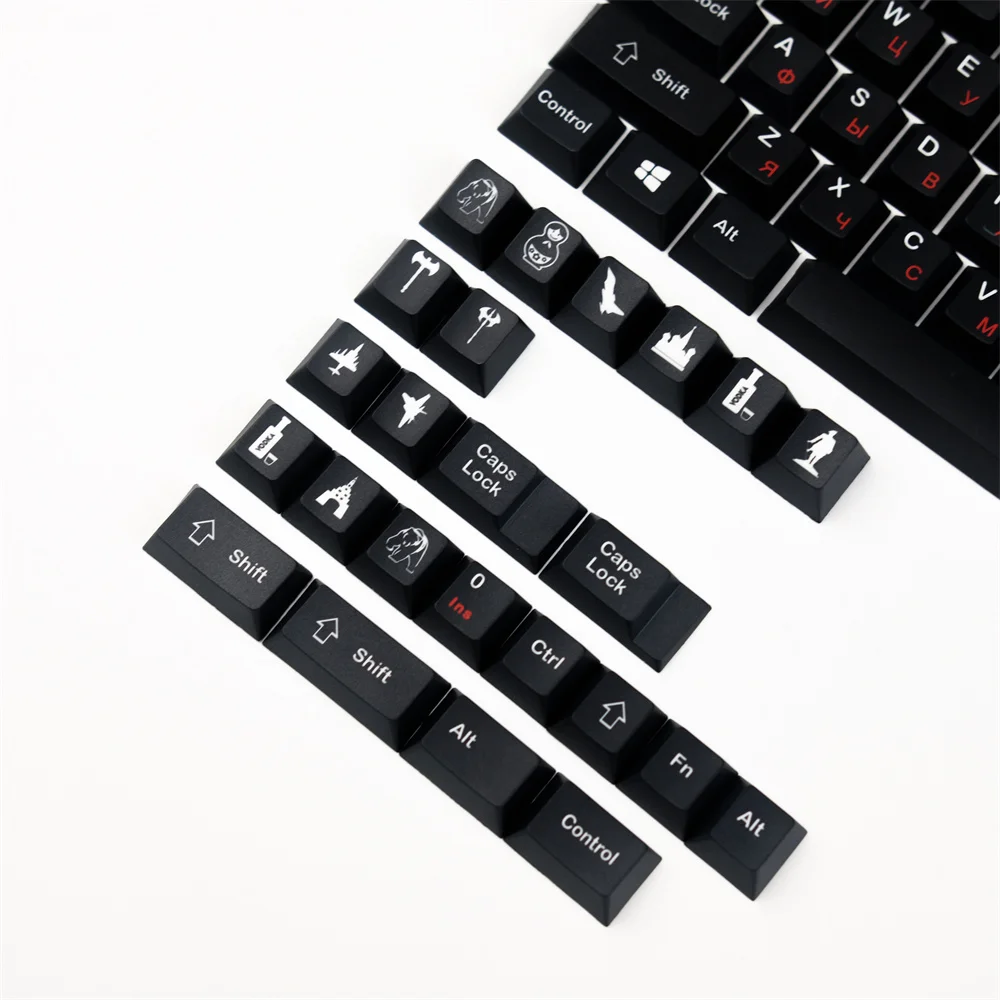 128 Keys Black Russian Keycaps PBT DYE-Sublimation Key Cap Cherry Profile  For MX Switch Mechanical Keyboards