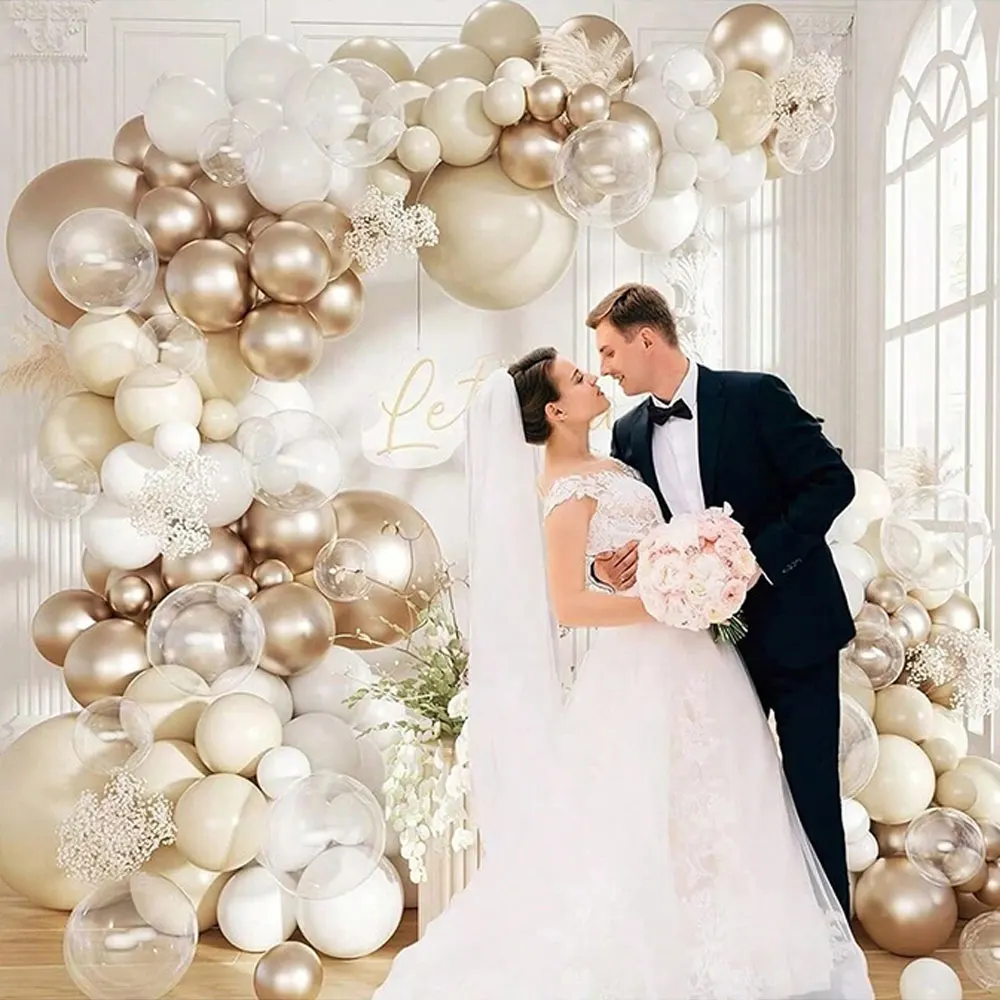 Sand White Champagne Gold Balloon Garland Arch Kit, 147 White Nude Clear Latex Balloons For Birthday Wedding Bridal Shower Engag
