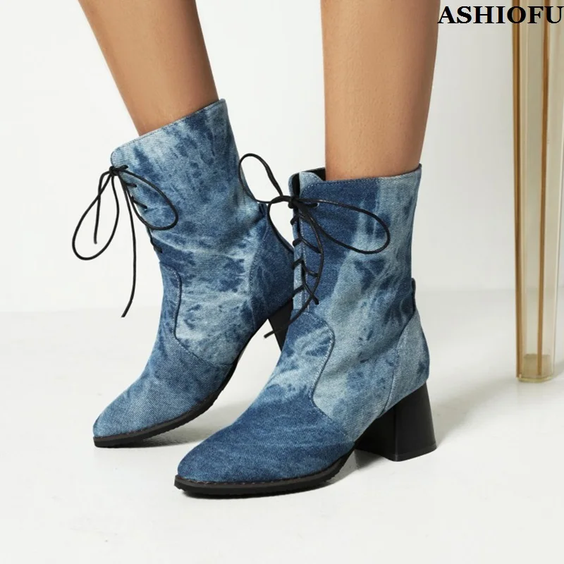 

ASHIOFU Handmade New Arrival Hot Sale Ladies Chunky Heel Ankle Boots Crisscross Shoelace Prom Booties Evening Fashion Sexy Shoes