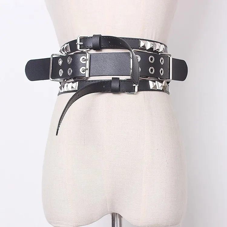 

Women's Fashion Black PU Leather Rivet Corset Female Cummerbund Coat Waistband Dress Decration Wide Belt J018