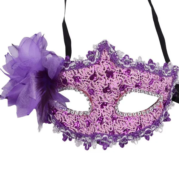 Exquisite Purple Lace Face Mask Lily Flower Rhinestone Decor Masquerade Ball Halloween Cosplay Accessory