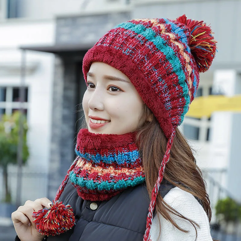 Winter Women Knitted Hat Snow Caps Scarf Female Warm Hat Scarf Set Fashion Wool Thickening Hat Set Casual