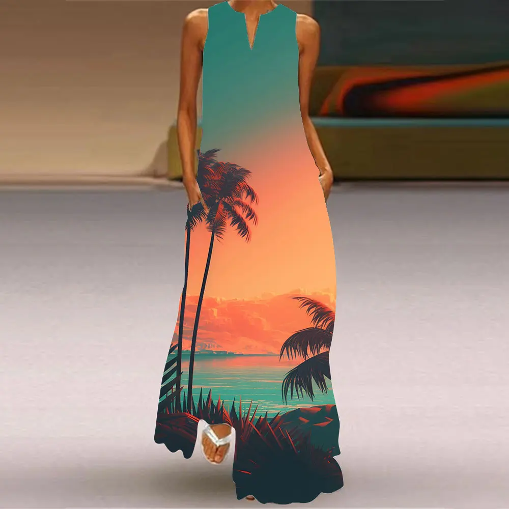 Summer Ladies Outdoor Fashion Sleeveless V-Neck Long Dress Sunset Beautiful Print Women Casual Party Dress Boutique Party Dress