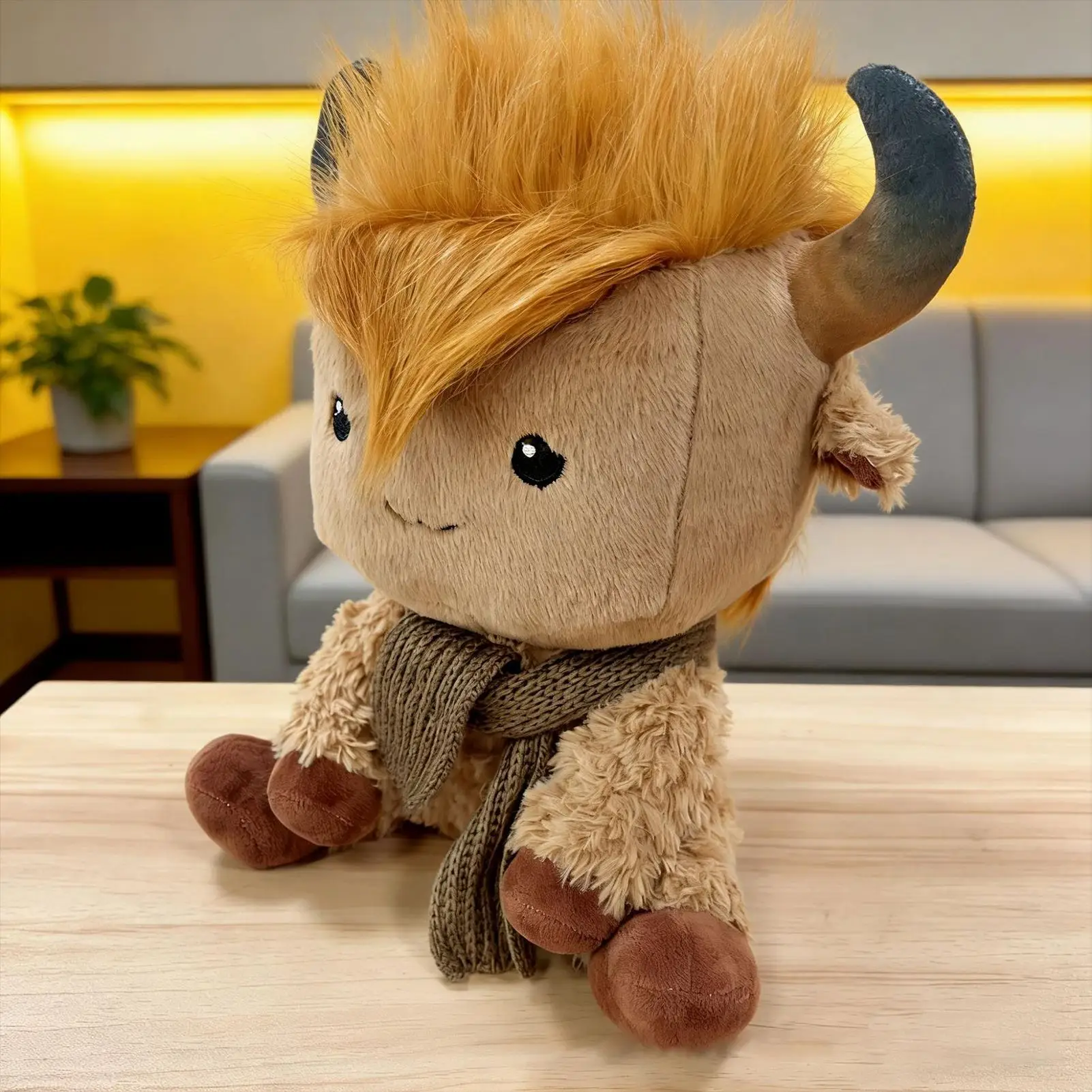 ตุ๊กตาวัวนุ่มนิ่ม หมอนอิงอารมณ์ดี พร้อมผ้าพันคอและผมปรับได้ ตุ๊กตาวัวขนนุ่มสำหรับเด็ก ของขวัญวันเกิด