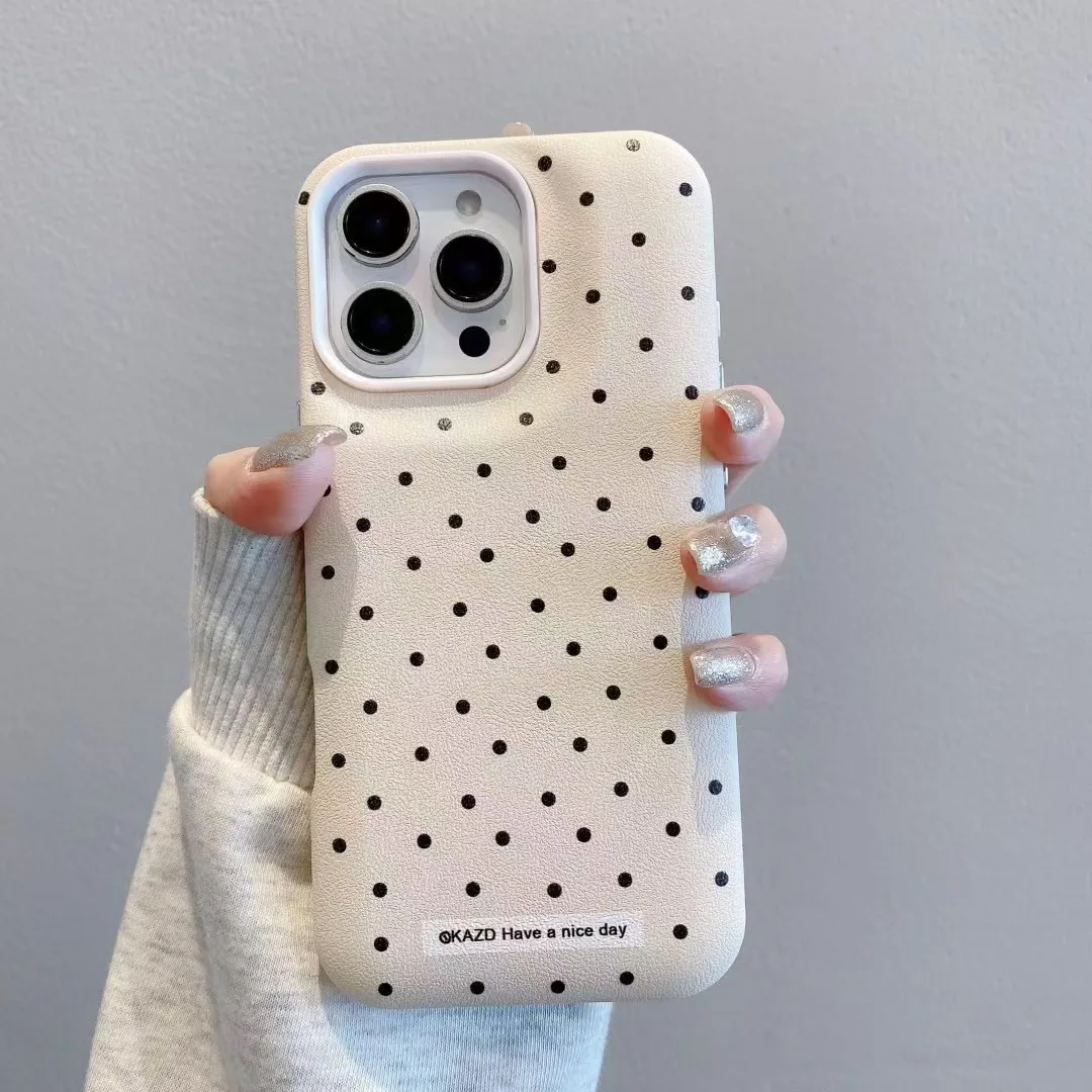 Korean INS 3-in-1 Leather Texture Polka Dots Chic Puff Phone Case for iPhone 16 15 14 13 12 ProMax PIus 11 Back Phone Cover Capa