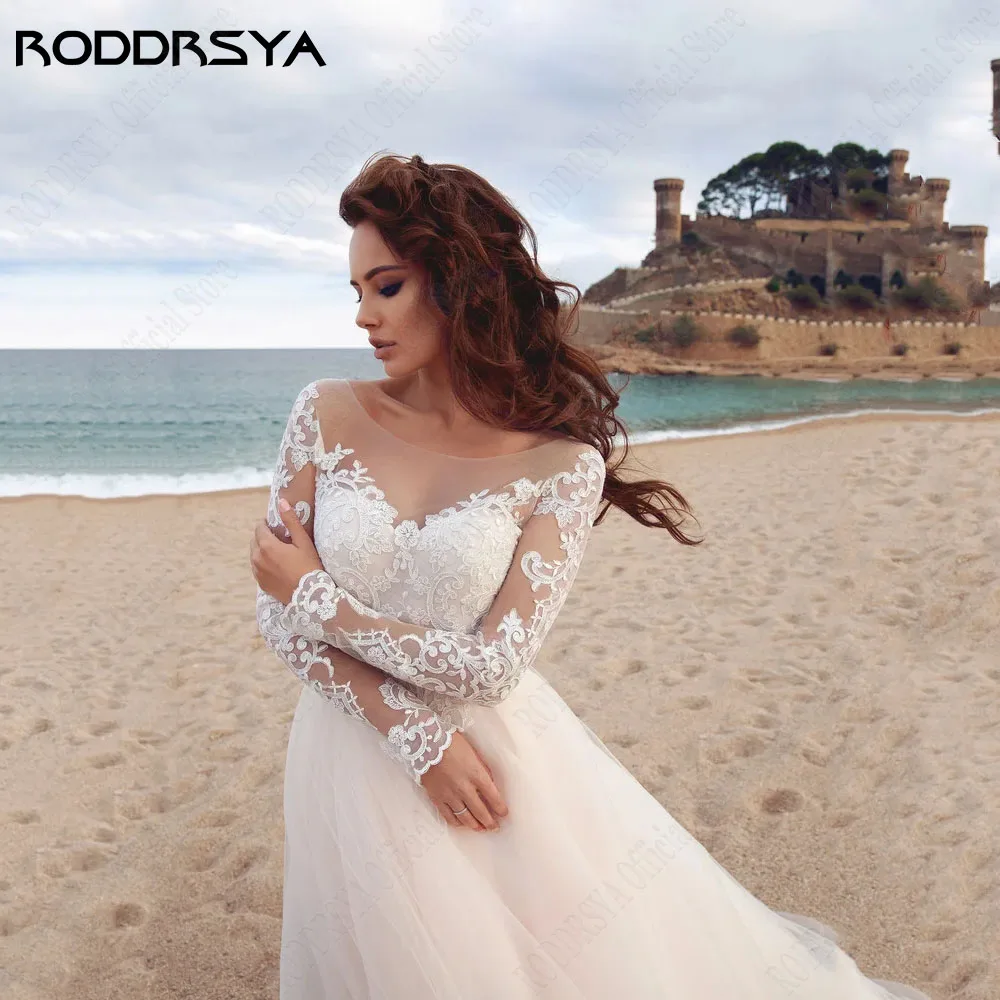 RODRSYA Beach Pizzo Abito da sposa 2024 Abiti da sposa Tondo collo manRODDRSYA abito da sposa in pizzo da spiaggia 2024 abiti da sposa scollo tondo maniche lunghe Applique A Line abito da sposa in Tulle Robe De Mariage